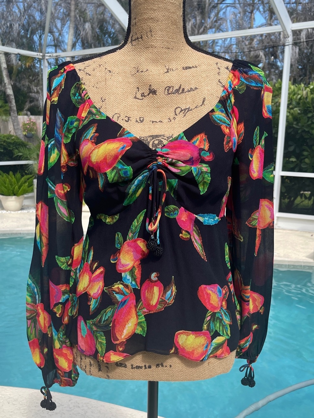 FARM Rio Black Floral Drawstring Peasant Blouse with Bright Fruit Print
